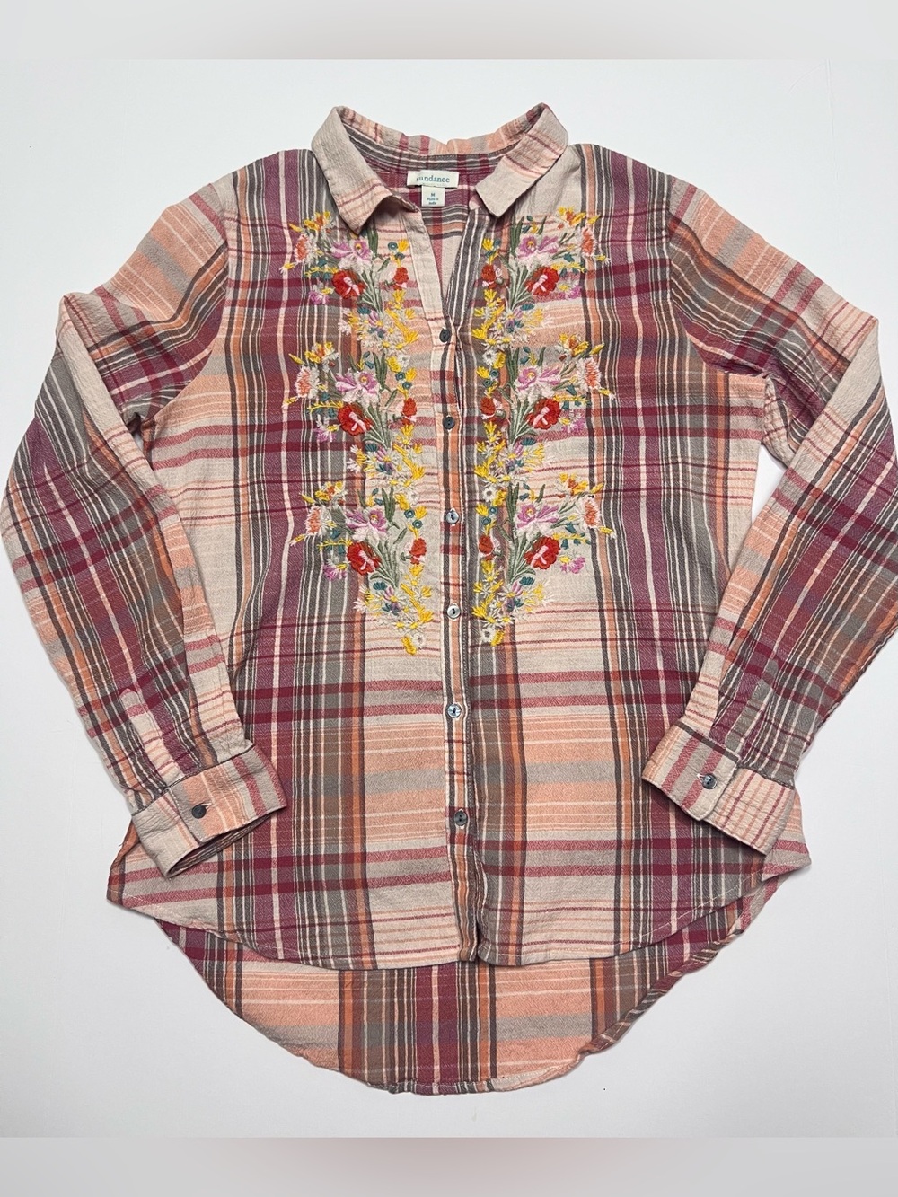 Sundance Embroidered Plaid Button Front Shirt Women’s Medium Boho Floral Cotton